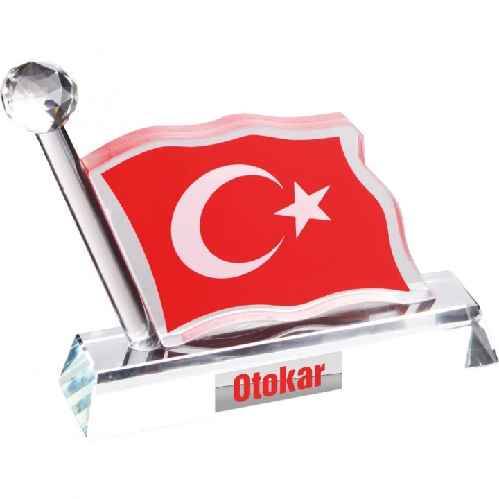 Türk Bayrağı Desenli Ultra Clear Kristal Cam Tek Kalemli İsimlikli Makam Masa Seti